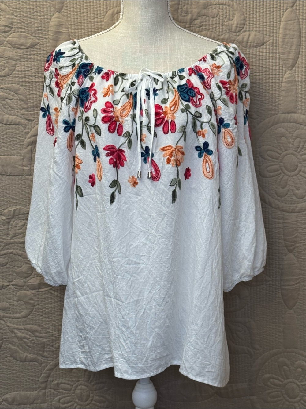 Kindred Women’s White Embroidered Peasant Blouse with Multicolor Floral Accents